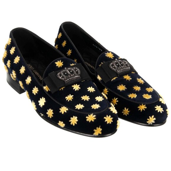 Dolce & Gabbana - Crown Embroidered Ribbon Stars Velvet Loafer NEW LUKAS Black E - Picture 1 of 5